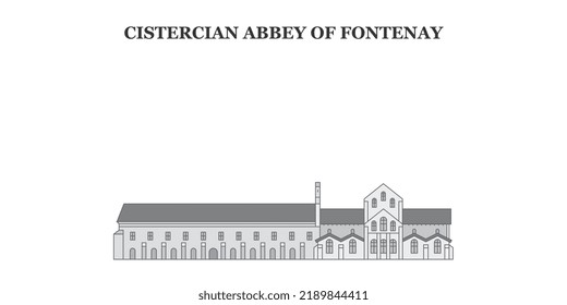 France, Cistercian Abbey Of Fontenay Landmark city skyline isolated vector illustration, icons