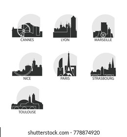 France cities icons set, modern skyline cityscape landmark vector logo pack