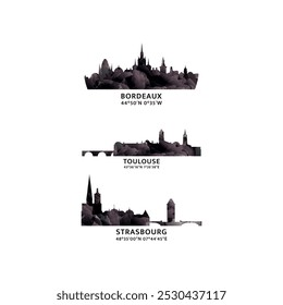 Logotipo e ícone das cidades da França. Coleção gráfica vetorial para Bordéus, Toulouse, Estrasburgo. Horizonte, emblemas panorâmicos 