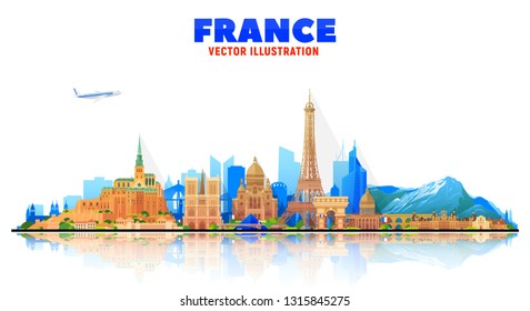 France cities ( Paris, Mont Blanc, Chambord, Mont Saint-Michel and other) skyline vector illustration at white background. Business travel and tourism concept with famous France landmarks.