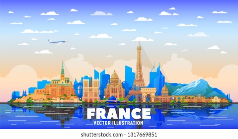 France cities ( Paris, Mont Blanc, Chambord, Mont Saint-Michel and other) skyline vector illustration at sky background. Business travel and tourism concept with famous France landmarks.