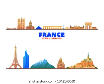 France cities ( Paris, Mont Blanc, Chambord, Mont Saint-Michel and other) famous landmarks at white background. Business travel and tourism concept. Vector illustration.