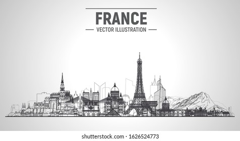 France cities ( Paris, Mont Blanc, Chambord, Mont Saint-Michel and other) line skyline vector illustration at white background. Business travel and tourism concept with famous France landmarks.