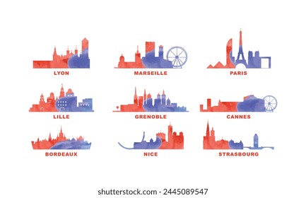 France cities skyline vector logo set. Flat watercolor icon for  Paris, Lyon, Marseille, Lille, Bordeaux, Grenoble, Cannes, Nice, Strasbourg silhouette. Isolated graphic collection