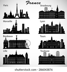 France cities skylines set. Vector silhouettes 