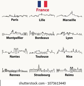 France cities skylines vector outline icons