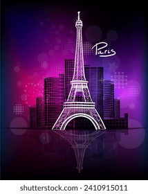 France city of Paris. Night city. hand drawing. Not AI, Vector illustration