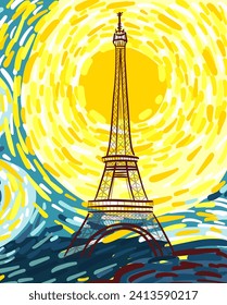 France city of Paris. Sun shine. hand drawing. Not AI, Vector illustration