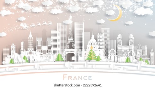 France City Skyline in Paper Cut Style with Snowflakes, Moon and Neon Garland. Vector Illustration. Christmas and New Year Concept. Santa Claus on Sleigh. France Cityscape with Landmarks.