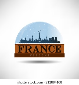  France, City Skyline Silhouette In Snow Globe. Vector Design.