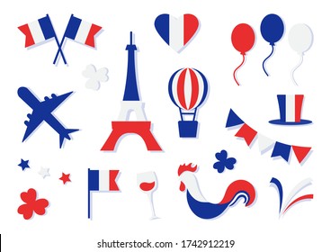 France collection. Bastille day. Blue, white and red national colors. Flags, heart, stars, Eiffel Tower, hat, clovers, glass of wine, balloon, airplane, cock, firework. Vector illustration