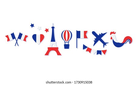 France collection. Blue, white and red national colors. Flags, heart, stars, Eiffel Tower, balloon, airplane, cock. Vector illustration