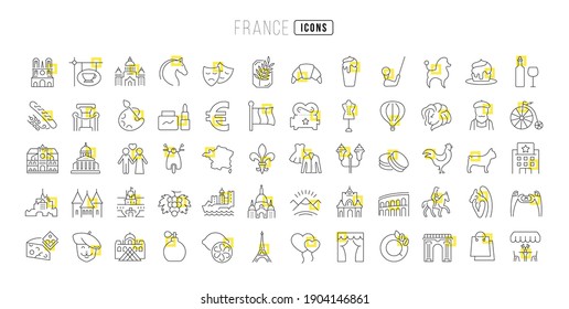 Francia. Colección de iconos perfectamente delgados para el diseño web, aplicación y los proyectos más modernos. El kit de carteles para la categoría Países y Ciudades.