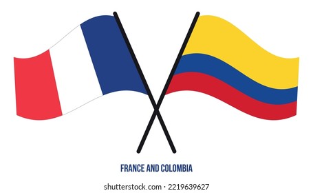 France and Colombia Flags Crossed And Waving Flat Style. Official Proportion. Correct Colors.