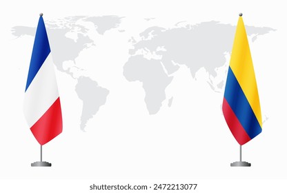 France and Colombia flags for official meeting against background of world map.