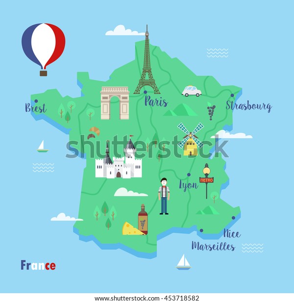 France Colorful Travel Maps Popular Landmarks Stock Vector Royalty Free