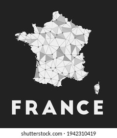 France communication network map with a trendy geometric design on a dark background. Technology, internet, network, and telecommunication concept. Vector illustration.