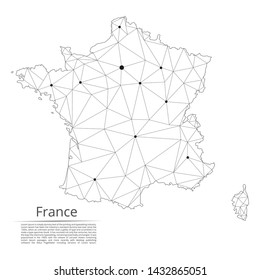 France communication network map. Vector low poly image of a global map with lights in the form of cities in or population density consisting of points and shapes and space. Easy to edit