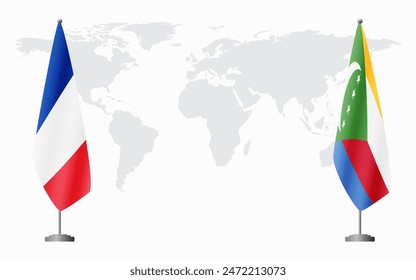 France and Comoros flags for official meeting against background of world map.