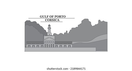 France, Corsica, Gulf Of Porto city skyline isolated vector illustration, icons