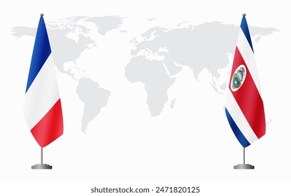 Banderas de Francia y Costa Rica para reunión oficial contra fondo de mapa mundial.