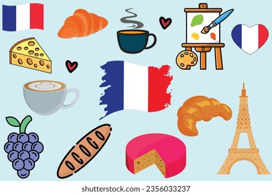 France Country All Elements Bundle with Paris Eiffel tower and Croissant, French Flag Set for National Day of France and Travel Lovers