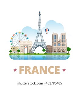 France country design template. Flat cartoon style historic sight showplace web vector illustration. World vacation travel Europe European collection. Eiffel Tower Notre Dame de Paris Arc de Triomphe.