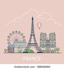 France country design template. Linear Flat famous historic sight; cartoon style web site vector illustration. World travel and showplace in Europe, European vacation collection