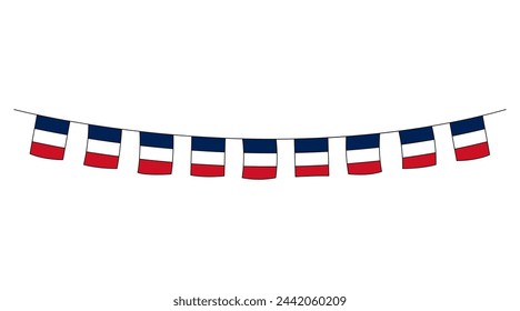 France country doodle hanging flags. French tricolor bunting, streamer. Vector illustration. Decorative party banner design element isolated on white background.