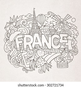 France country hand lettering and doodles elements and symbols background. Vector hand drawn sketchy illustration