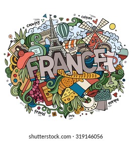 France country hand lettering and doodles elements and symbols background. Vector hand drawn illustration