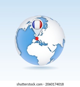 France - country map and flag located on globe, world map. 3D Vector illustration