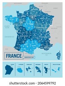 France country political administrative map. High detailed vector illustration with isolated provinces, departments, regions, cities, islands and states easy to ungroup.