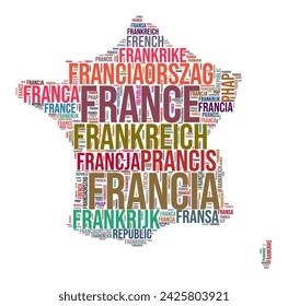 France country shape word cloud. Typography style country illustration. France image in text cloud style. Vector illustration.