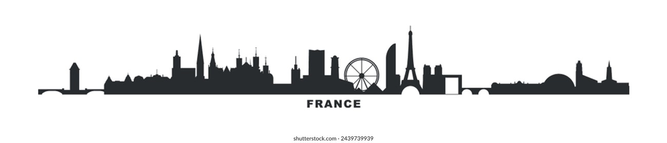 France country skyline with cities panorama. Vector flat watercolor style banner, logo. Paris, Lyon, Marseille, Toulouse, Strasbourg silhouette for footer, steamer, header. Isolated graphic