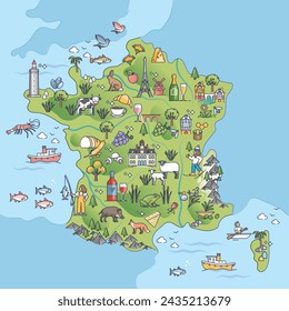 France country typical tourist places and borders geography outline map. French earth topography with nature, animals, cheese, wine and architecture elements vector illustration. Tourist travel items.