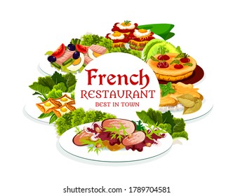 France cuisine, vector breton pancakes, cabbage stuffed with meat, quiche with tomatoes, sandwich croc madame, tuna salad with tomato, olives and eggs. French meals, food dishes round frame, poster