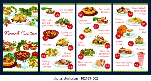 France cuisine vector menu template, French meals, dob beef and pork ham, foie grass, cabbage stuffed with meat, quiche with tomatoes, sandwich croc madame, gratten with mushrooms, food dishes menu