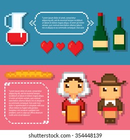 France culture symbols banner set. Pixel art. Old school computer graphic style.