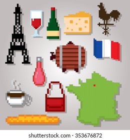 France culture symbols icons set. Pixel art. Old school computer graphic style.