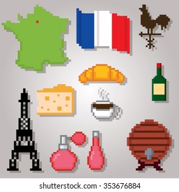 France culture symbols icons set. Pixel art. Old school computer graphic style.