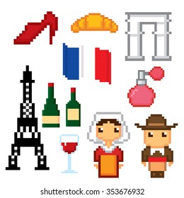 France culture symbols icons set. Pixel art. Old school computer graphic style.