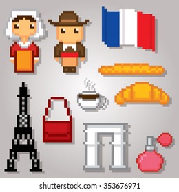 France culture symbols icons set. Pixel art. Old school computer graphic style.