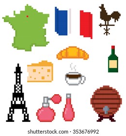 France culture symbols icons set. Pixel art. Old school computer graphic style.