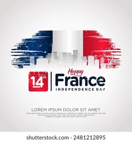 France day greeting card with grunge and splash effect on flag and silhouette france city as a symbol of independence. vector illustration