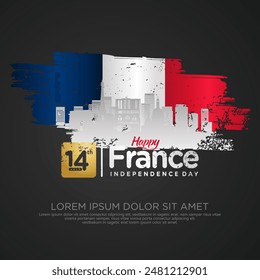 France day greeting card with grunge and splash effect on flag and silhouette france city as a symbol of independence. vector illustration