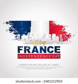 France day greeting card with grunge and splash effect on flag and silhouette france city as a symbol of independence. vector illustration