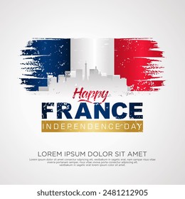 France day greeting card with grunge and splash effect on flag and silhouette france city as a symbol of independence. vector illustration