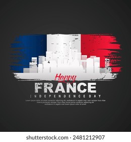 France day greeting card with grunge and splash effect on flag and silhouette france city as a symbol of independence. vector illustration