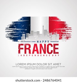 France day greeting card with grunge and splash effect on flag and silhouette france city as a symbol of independence. vector illustration